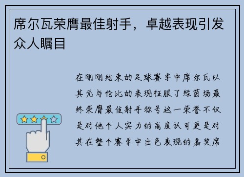 席尔瓦荣膺最佳射手，卓越表现引发众人瞩目